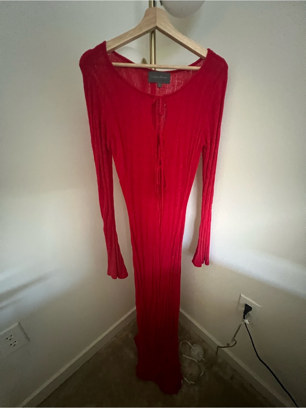 Anthropologie Red Long-Sleeve Tie-Front Maxi Dress
